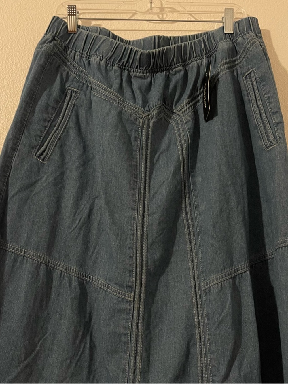 Chartou Women’s XXL A Line Maxi Skirt Denim Raw Hem Stretchy Waist and Pockets - Picture 6 of 9